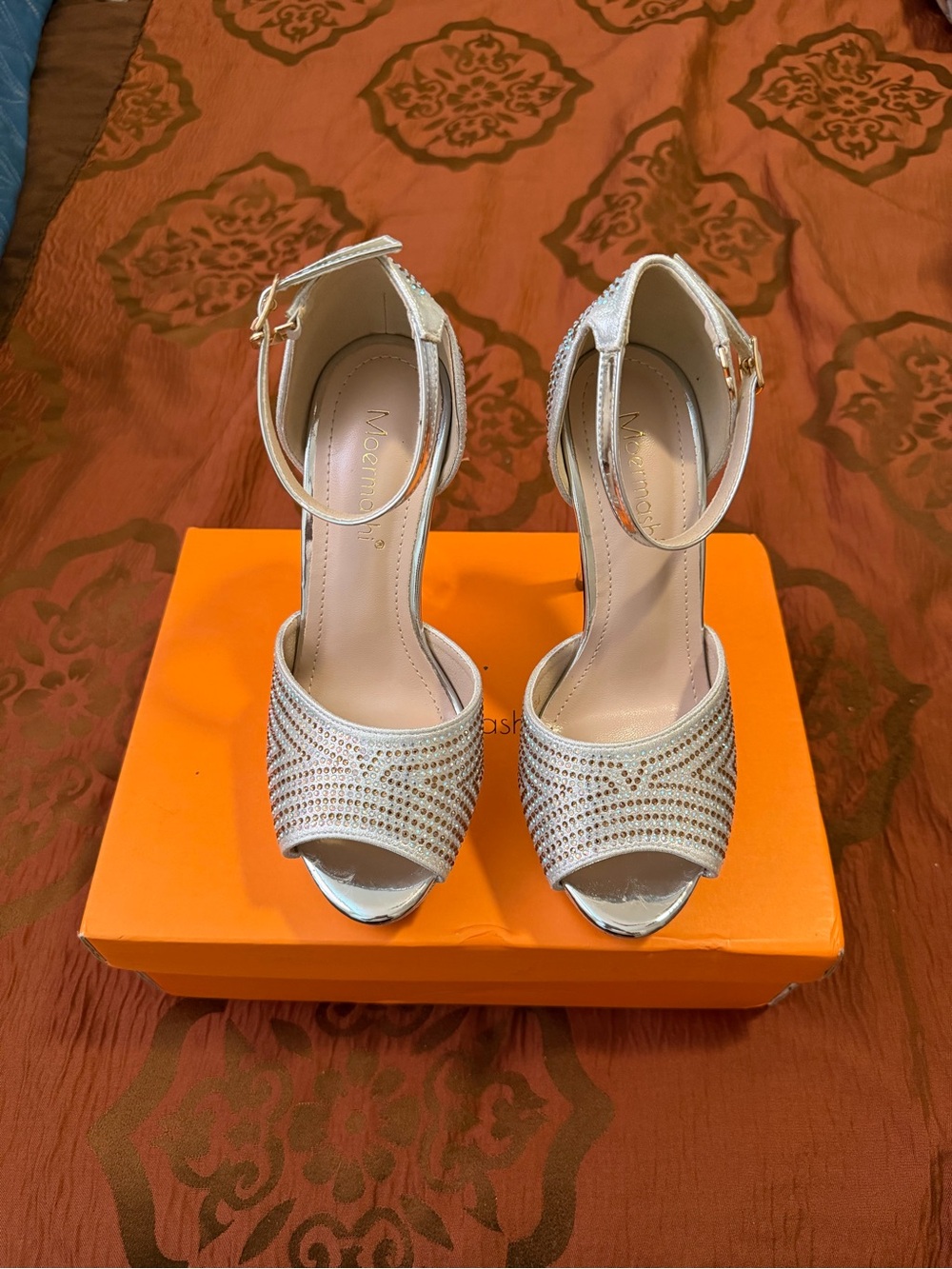 Women's Embellished Ankle-Strap Peep-Toe Heels in Silver